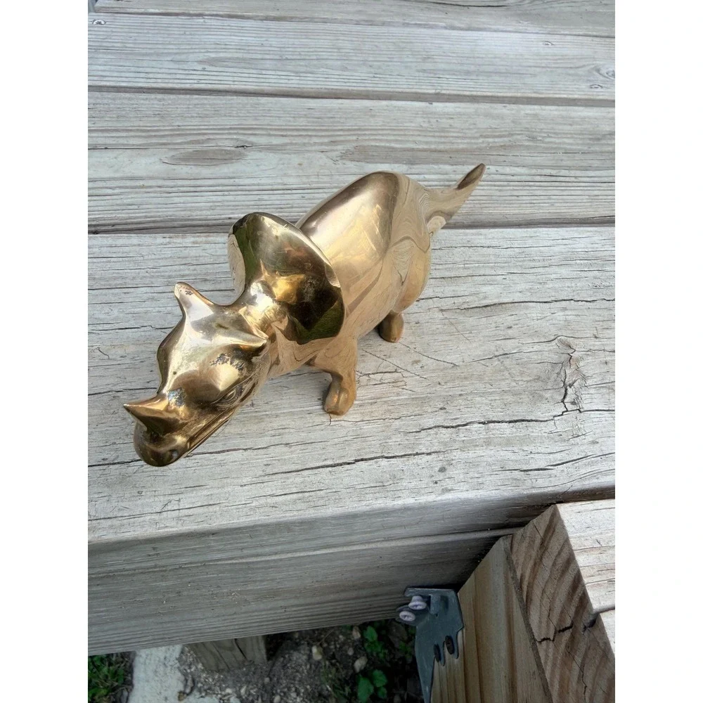 Solid Brass Triceratops Figurine | Vintage Korean Dinosaur Sculpture, Dark Acade